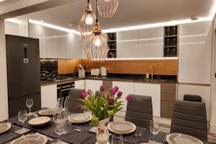 Modern kitchen with dining setup