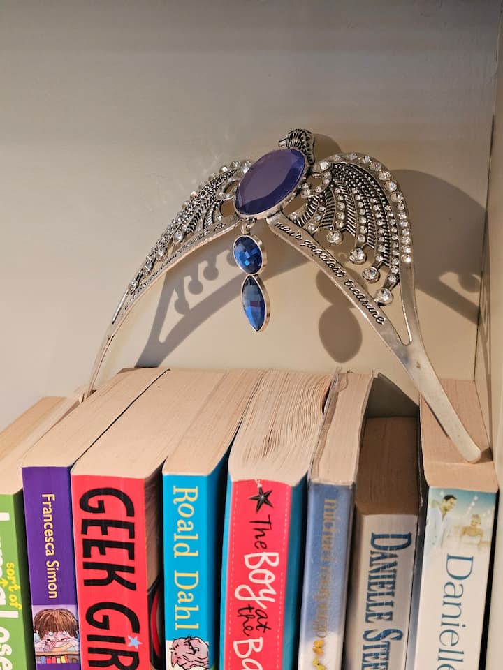 Tiara on bookshelf with books