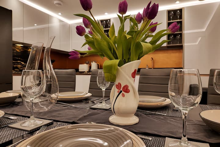 Dining table with flower vase