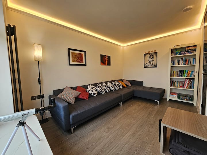 Cozy living room with bookshelf