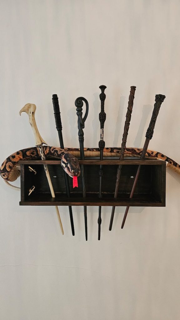 Wands displayed with snake decor